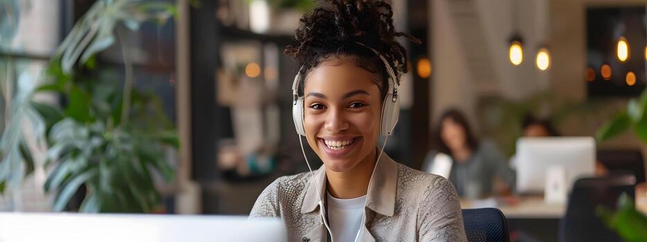 Confident Young Account Representative Smiling and Working at Desk in Modern Office photo
