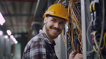 Dedicated Tradesman Diligently Maintaining Electrical Infrastructure photo