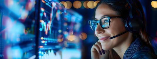 Confident Young Woman Analyst Intently Working at Desk with Digital Displays photo