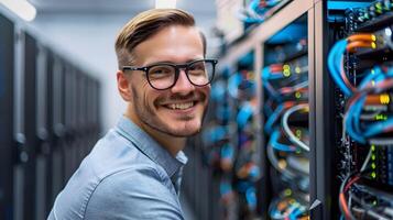 Confident IT Professional Overseeing Network Systems in Modern Data Center photo