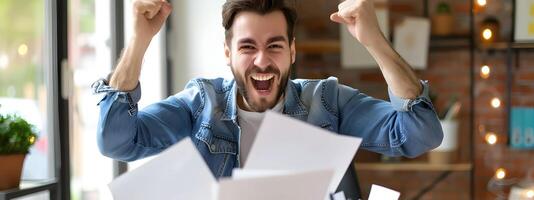 Enthusiastic Young Professional Celebrating Successful Completion of Task on Computer in Office Setting photo