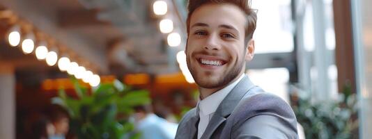 Confident Young Business Executive Smiling Happily in Modern Office photo