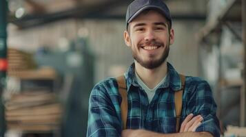 Confident Male Carpenter Working in Welcoming Workshop photo