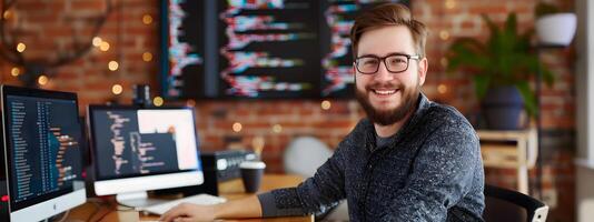 Confident Young Application Developer Working at Desk in Modern Office photo