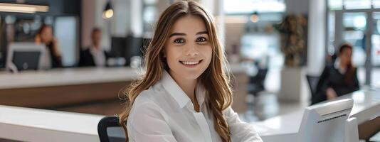 Friendly Young Female Receptionist Assisting and Welcoming at Office Desk photo