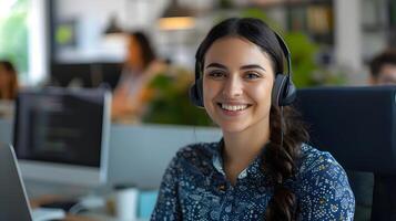Friendly Young Professional Woman Smiling at Computer Workstation in Busy Office Environment photo