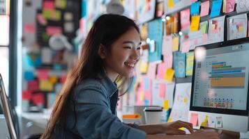 Confident Young Female UX Designer Working Diligently at Office Desk photo