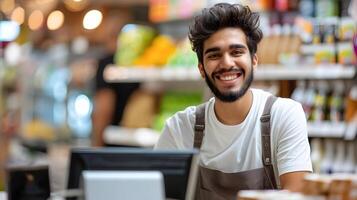 Friendly Young Retail Employee Assisting Customers in Grocery Store photo