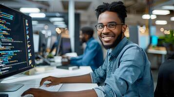 Confident Young Software Engineer Thriving in Dynamic Workplace Environment photo