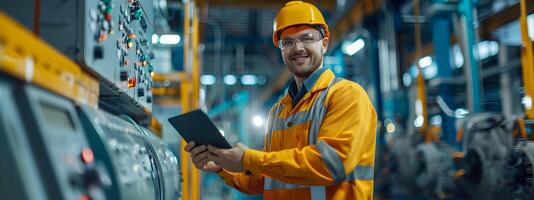 Confident Factory Worker Using Digital Tablet in Industrial Workspace photo