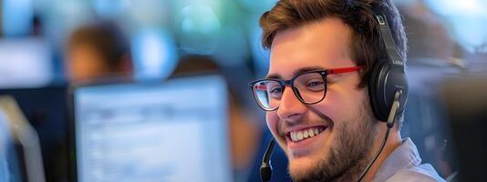 Friendly Young Professional Happily Assisting at Computer Workstation photo