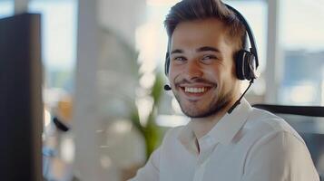 Friendly Technical Support Specialist Assisting Customers in Office Environment photo