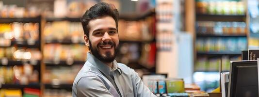 Confident Young Professional Assisting Customers in Retail Store photo