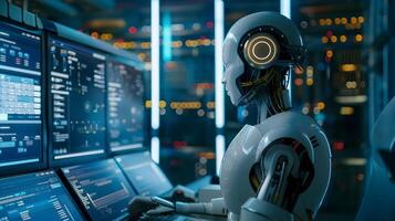 Futuristic Workplace of Artificial Intelligence Engineer Analyzing Complex Data and Systems photo