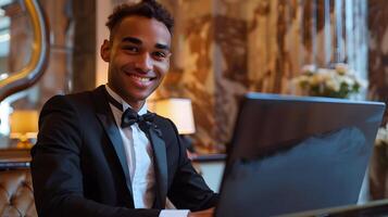 Happy Concierge Providing Excellent Customer Service at Hotel Lobby photo