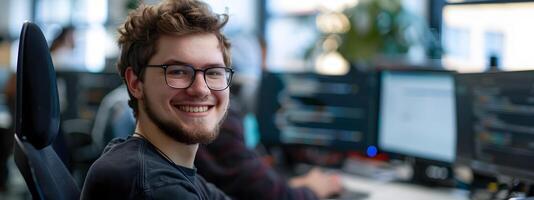 Gleeful SQL Developer Diligently Working in Contemporary Office Setting photo