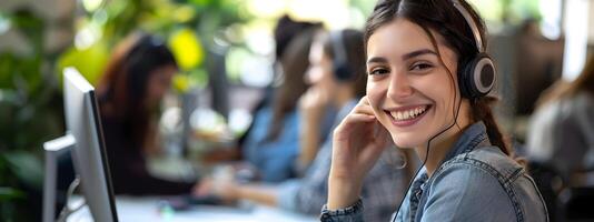 Happy and Confident Young Front Line Employee Smiling and Communicating in Modern Office Workplace photo