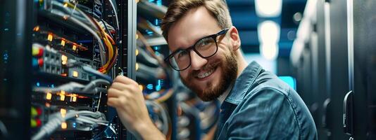 Happy Network Administrator Working Diligently in Computer Server Room photo
