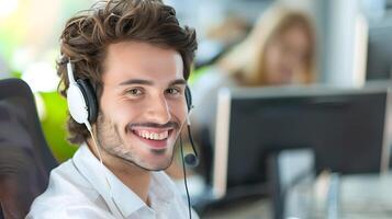 Happy Young Customer Service Representative Providing Friendly Assistance and Support in Modern Office Environment photo
