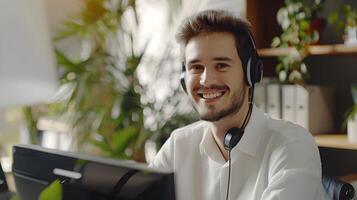 Happy Young Customer Care Representative Working at Computer Desk in Modern Office photo