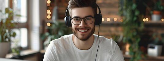 Happy Young Client Service Employee Assisting Customers with Friendly Smile at Modern Office Desk photo