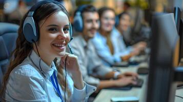 Happy Young Front Line Employee Providing Friendly Customer Service at Workstation photo