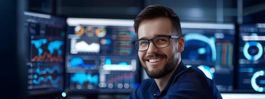 Happy Young Professional Analyzing Business Data and Metrics on Laptop in Modern Office photo