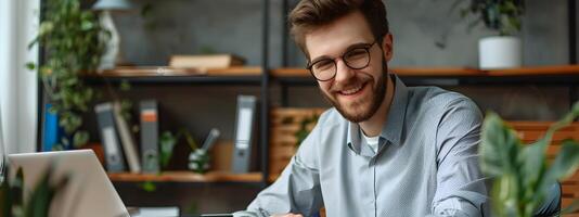 Hardworking Businessman Utilizing Technology in Office Environment photo