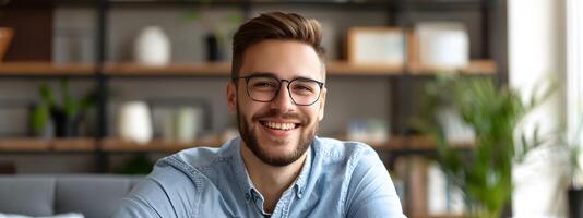 Happy Young Managing Member Smiles at in Modern Office Environment photo