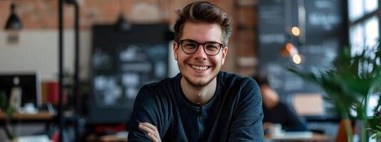 Happy Young Entrepreneur Confidently Working at His Desk in a Modern Office photo