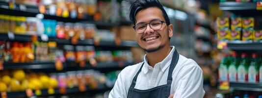 Happy Young Store Manager Smiling During Work in Grocery Shop photo