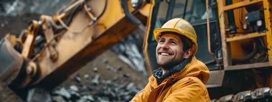 Hardworking Construction Worker Operates Heavy Excavator Equipment with Enthusiasm at Building Site photo