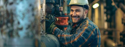 Happy Young Pipefitter Repairing and Maintaining Industrial Pipes at Worksite photo