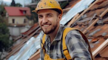 Happy Young Hardhat Worker Repairing Roof of Residential Home photo
