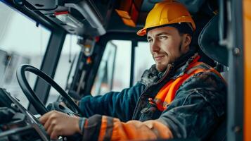 Hardworking Heavy Equipment Operator Diligently Operates Excavator at Construction Site photo