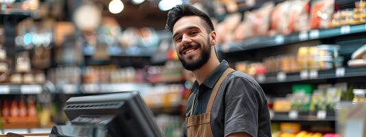 Hardworking Retail Employee Providing Friendly Customer Service in Grocery Store photo