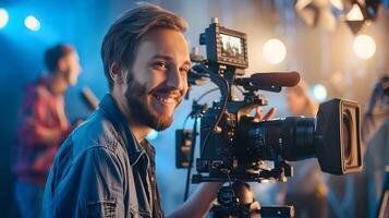 Joyful Young Filmmaker Passionately Capturing Creative Vision with Equipment photo