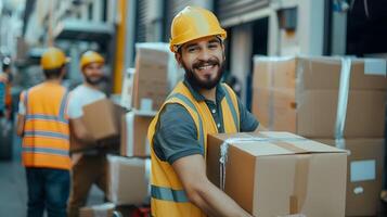 Hardworking Warehouse Team Efficiently Handling Shipping and Receiving Tasks photo