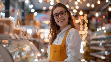 Joyful Retail Associate Assisting Customers in Bright Storefront photo