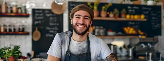 Joyful Young Barista in Cozy Cafe Working and Serving Customers photo