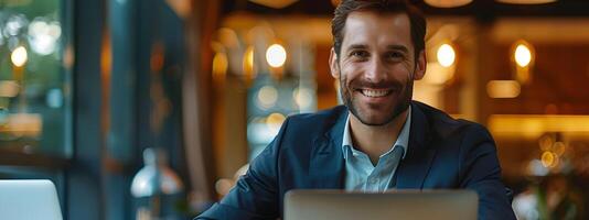 Professional Businessman Smiling and Working on Laptop in Coworking Office Space photo