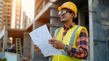 Professional Building Inspector Reviewing Construction Plans on Site photo