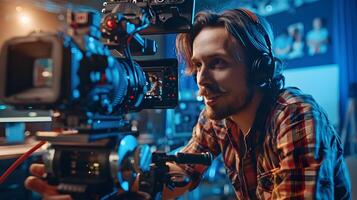Passionate Young Filmmaker Directing a Cinematic Scene with Professional Equipment photo
