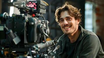 Passionate Young Film Director Operating on Movie Production Set photo