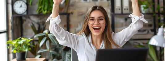 Joyous Young Professional Celebrating Accomplishment in Vibrant Office Setting photo