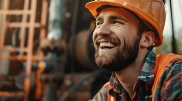 Joyful Young Well Driller Beams with Pride on Successful Work Site Construction Project photo