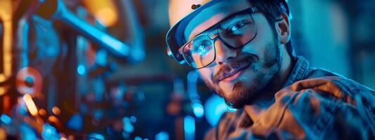 Portrait of a Happy Young Welder in Protective Gear Working on a Metal Fabrication Project photo