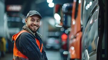 Joyful Automotive or Equipment Maintenance Worker Smiling at the in Front of a Van or Truck on a Dimly Lit Urban Street at Night photo