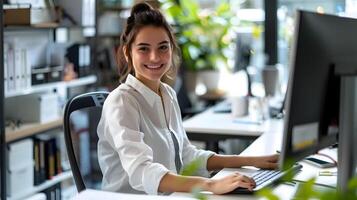 Happy Young Professional Woman Working Diligently at Her Desk in a Modern Office Environment photo