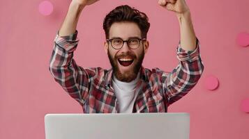 Joyful B2B Sales Specialist Celebrating Success in Modern Office Setting photo